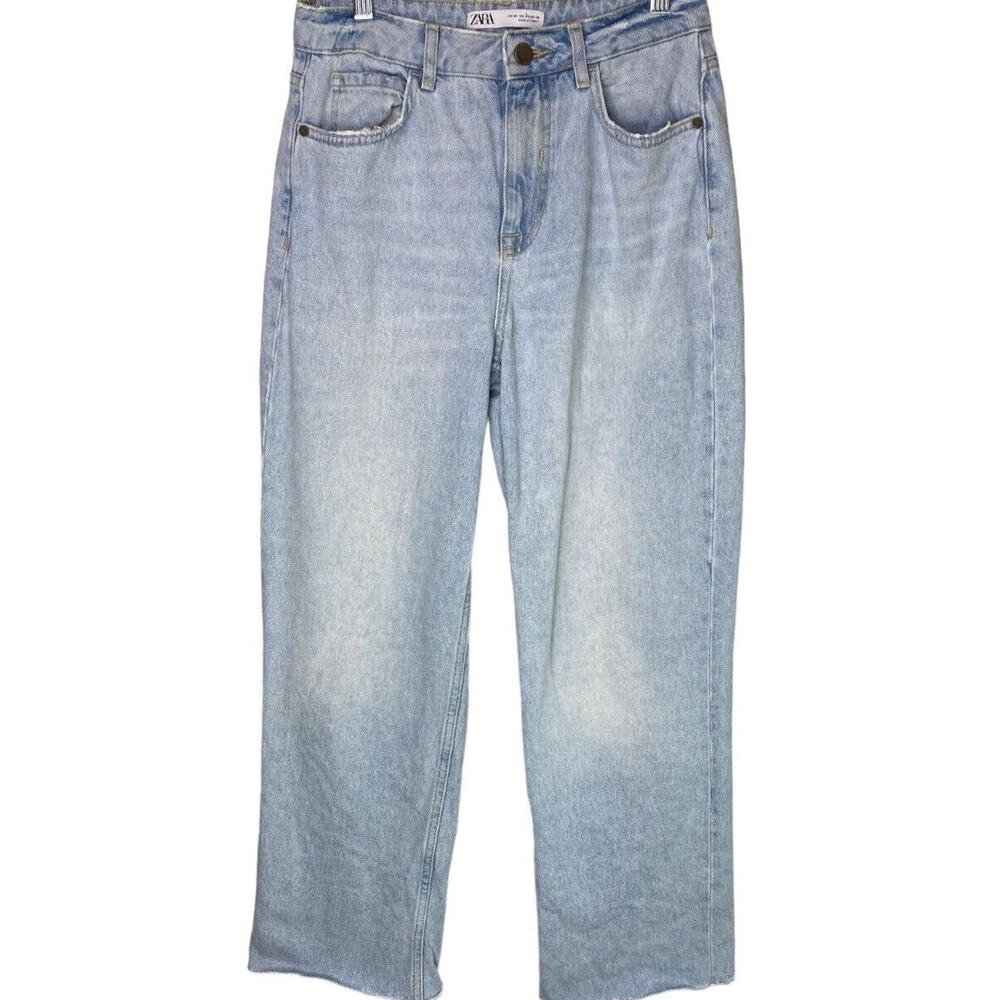 ZARA Vintage Relaxed Style High Rise Wide Leg Raw Hem Casual Cotton Jean 4 Blue